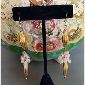 Pierced Brushed Gold and Pearl drop earrings, Vintage